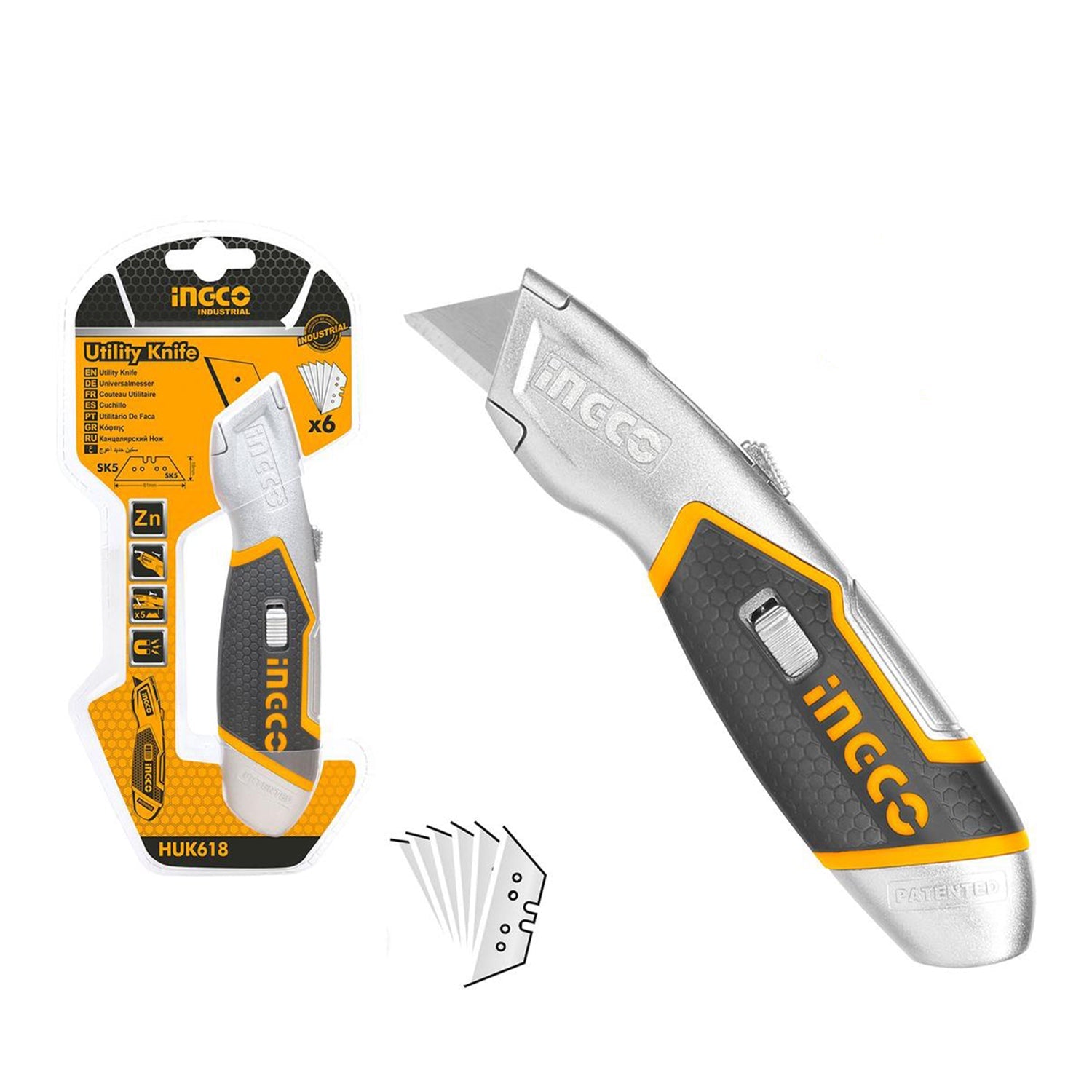 Taglierino-cutter retrattile con impugnatura in gomma, con 5 lame sostituibili, Ingco