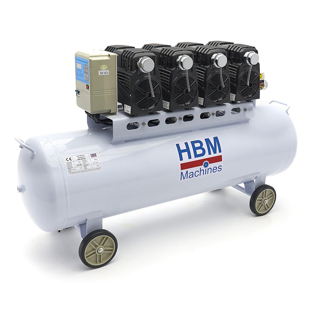 Compressore aria silenziato con capacità del serbatoio di 200 litri,senza olio, per utensili pneumatici, SGS 10 bar HBM Machines Olanda