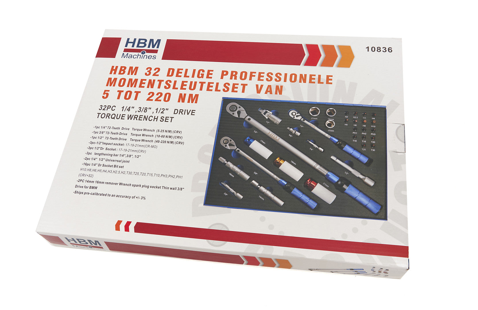 Set chiavi dinamometriche professionali 5–220 Nm 32 pezzi, cricchetto chiavi momento chiave, HBM Machines Olanda