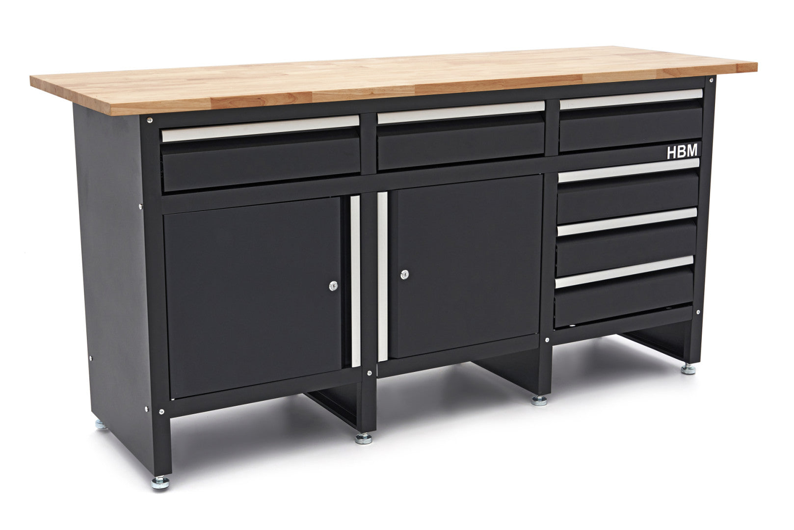 Carrello portautensili metallico professionale officina con 6 cassetti 2 ante e ruote-mobile 171 cm con piano di lavoro in legno massiccio HBM Machines Olanda