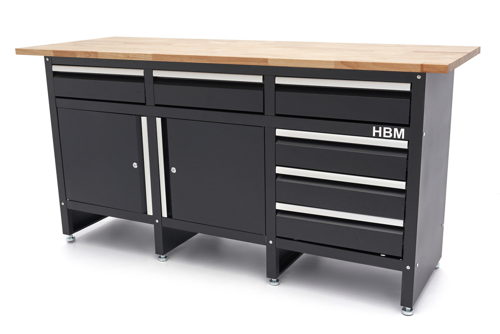 Carrello portautensili metallico professionale officina con 6 cassetti 2 ante e ruote-mobile 171 cm con piano di lavoro in legno massiccio HBM Machines Olanda