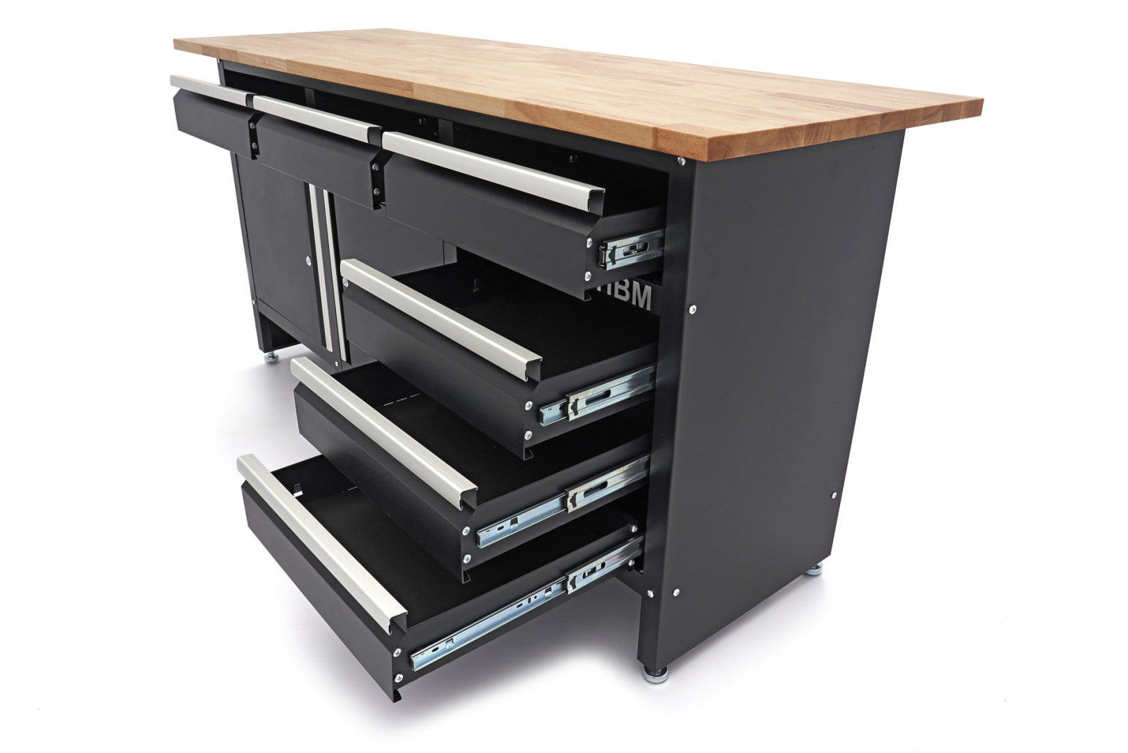 Carrello portautensili metallico professionale officina con 6 cassetti 2 ante e ruote-mobile 171 cm con piano di lavoro in legno massiccio HBM Machines Olanda