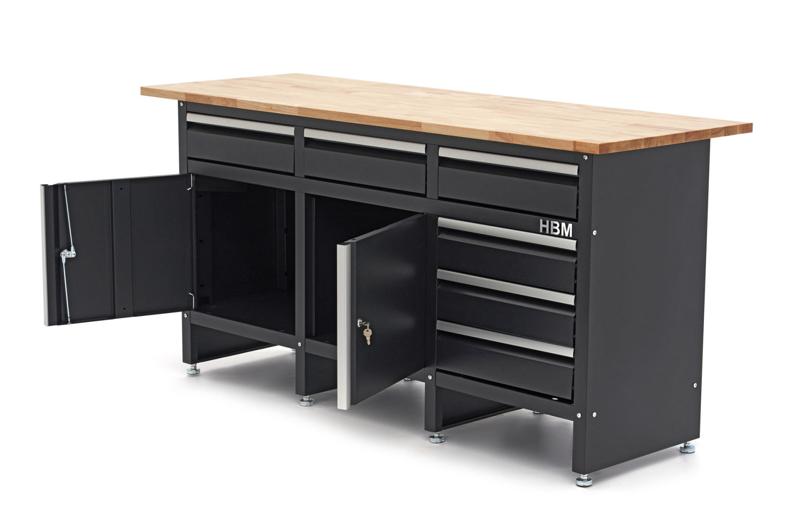 Carrello portautensili metallico professionale officina con 6 cassetti 2 ante e ruote-mobile 171 cm con piano di lavoro in legno massiccio HBM Machines Olanda