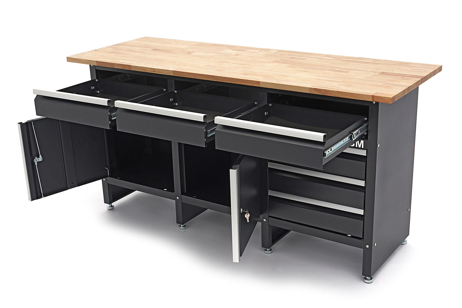 Carrello portautensili metallico professionale officina con 6 cassetti 2 ante e ruote-mobile 171 cm con piano di lavoro in legno massiccio HBM Machines Olanda