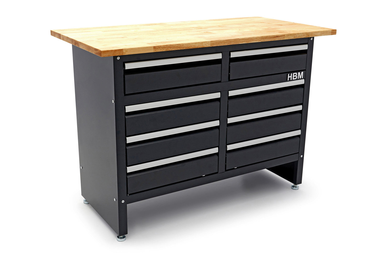 Banco da lavoro metallico 120 cm con 8 cassetti e piano in legno massiccio HBM capacità di carico 250 kg nero