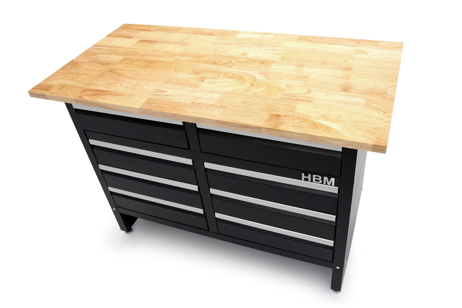 Banco da lavoro metallico 120 cm con 8 cassetti e piano in legno massiccio HBM capacità di carico 250 kg nero