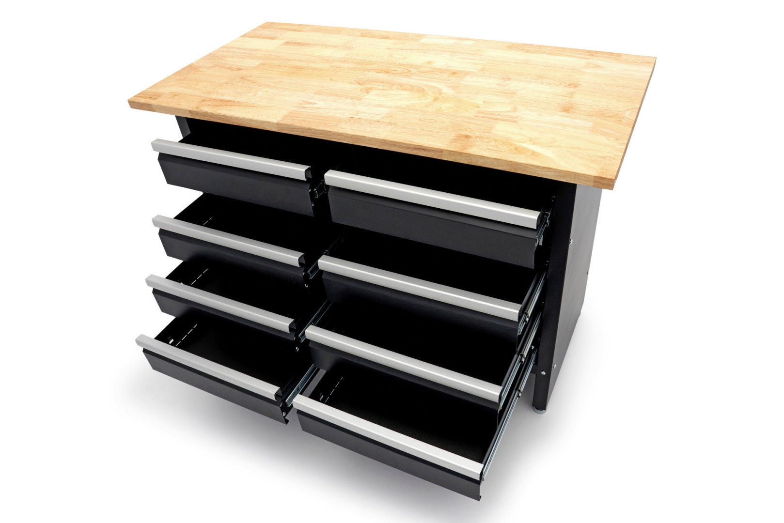 Banco da lavoro metallico 120 cm con 8 cassetti e piano in legno massiccio HBM capacità di carico 250 kg nero