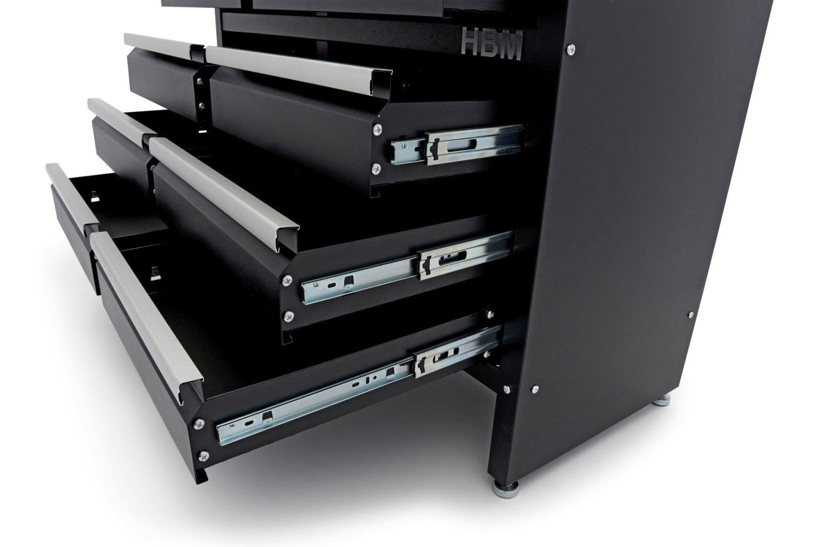 Banco da lavoro metallico 120 cm con 8 cassetti e piano in legno massiccio HBM capacità di carico 250 kg nero