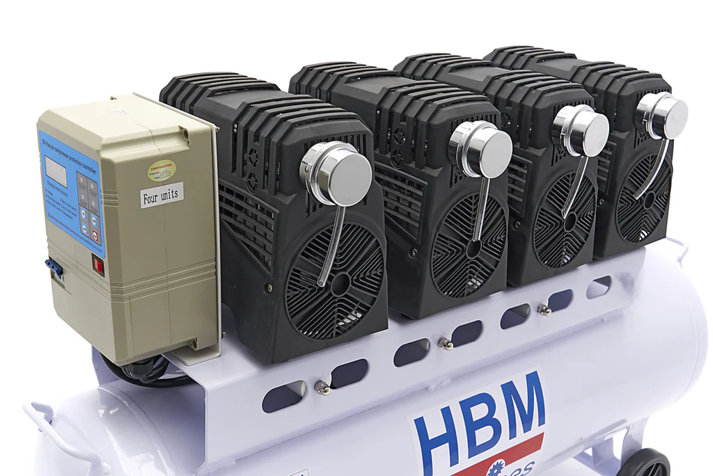 Compressore aria silenziato - con capacità del serbatoio di 120 litri - senza olio, oil free - per utensili pneumatici, 10 bar HBM Machines Olanda