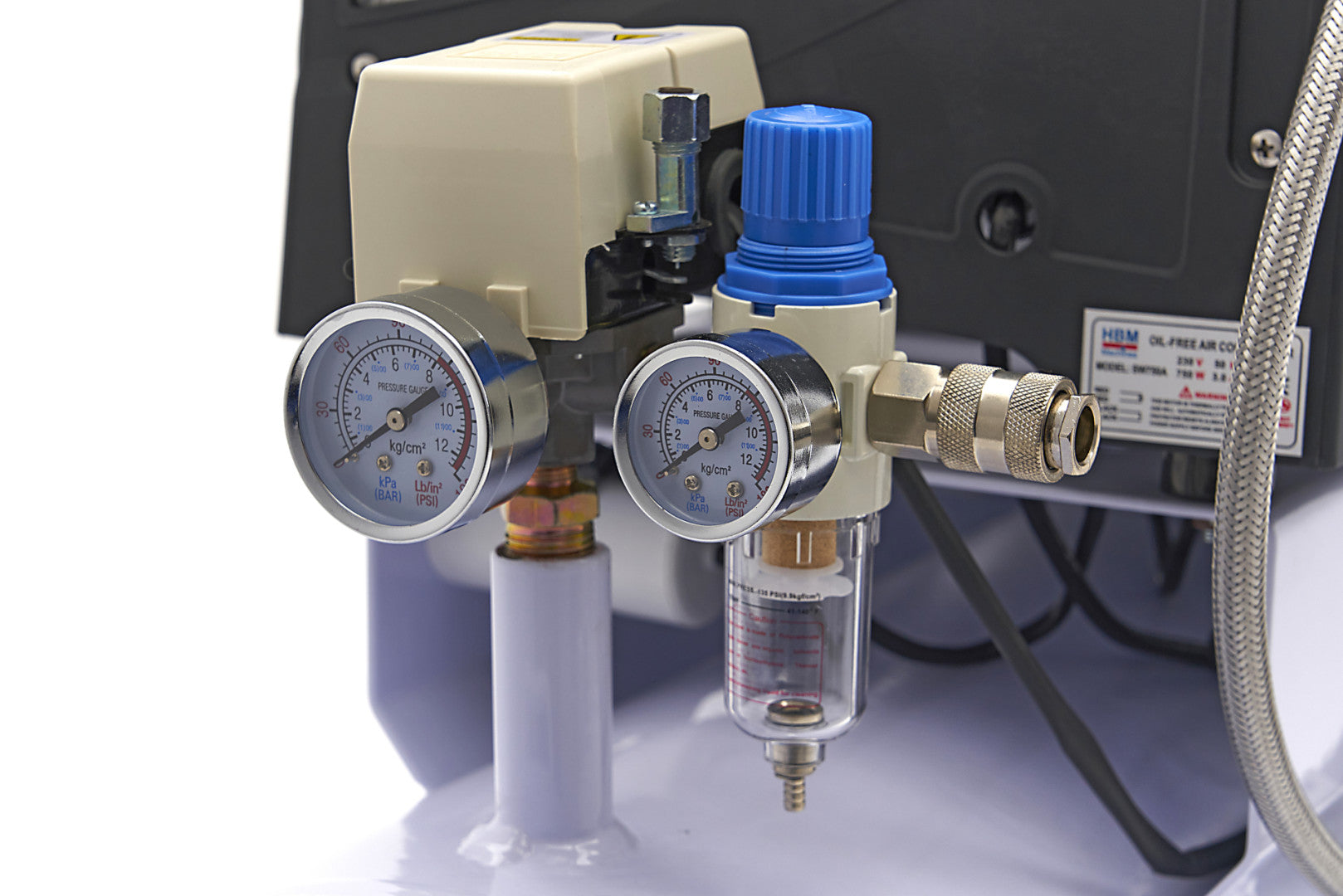 Compressore aria silenziato - con capacità del serbatoio di 120 litri - senza olio, oil free - per utensili pneumatici, 10 bar HBM Machines Olanda
