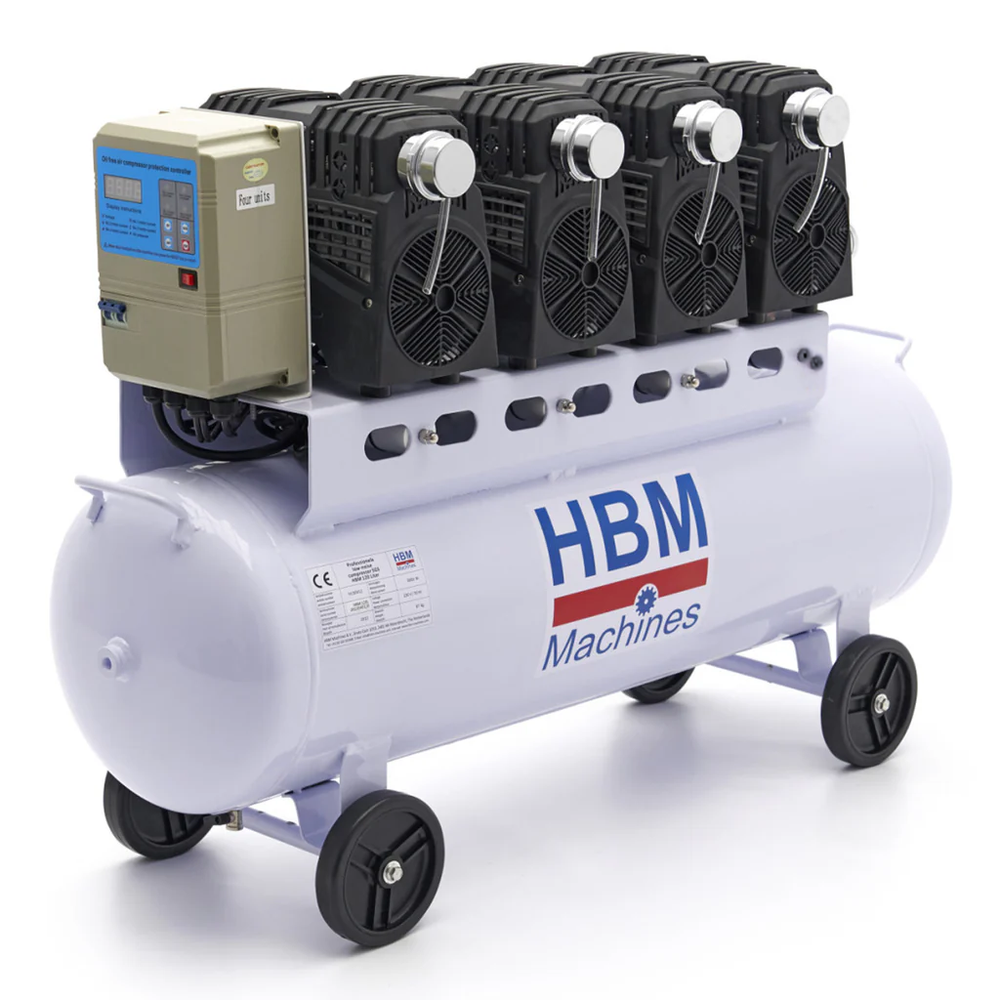 Compressore aria silenziato con capacità del serbatoio di 120 litri, senza olio,per utensili pneumatici, 10 bar HBM Machines Olanda