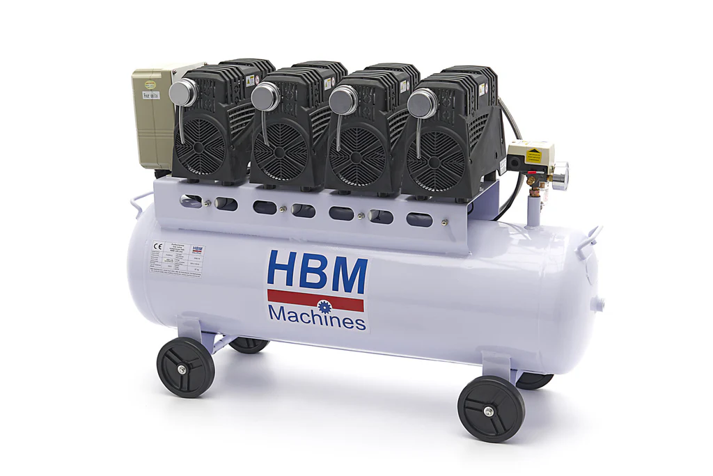 Compressore aria silenziato - con capacità del serbatoio di 120 litri - senza olio, oil free - per utensili pneumatici, 10 bar HBM Machines Olanda
