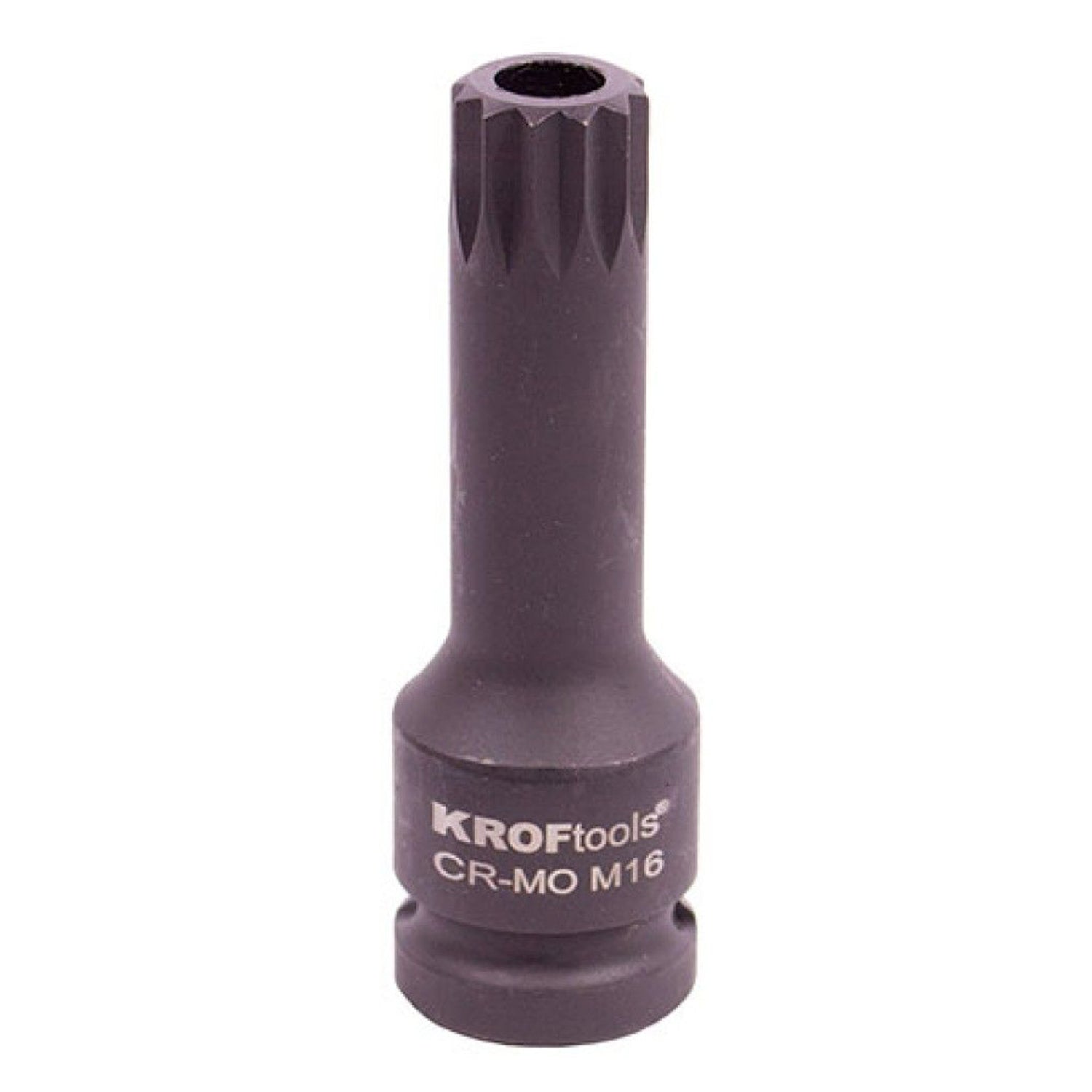 Chiave a bussola multidente spline a impatto profondo-a percussione, 16 mm con attacco 1/2" pollici, gambo lungo, acciaio al cromo-molibdeno, Kroftools, per riparazioni auto