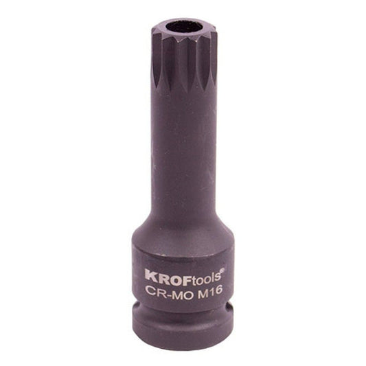 Chiave a bussola multidente spline a impatto profondo-a percussione, 16 mm con attacco 1/2" pollici, gambo lungo, acciaio al cromo-molibdeno, Kroftools, per riparazioni auto