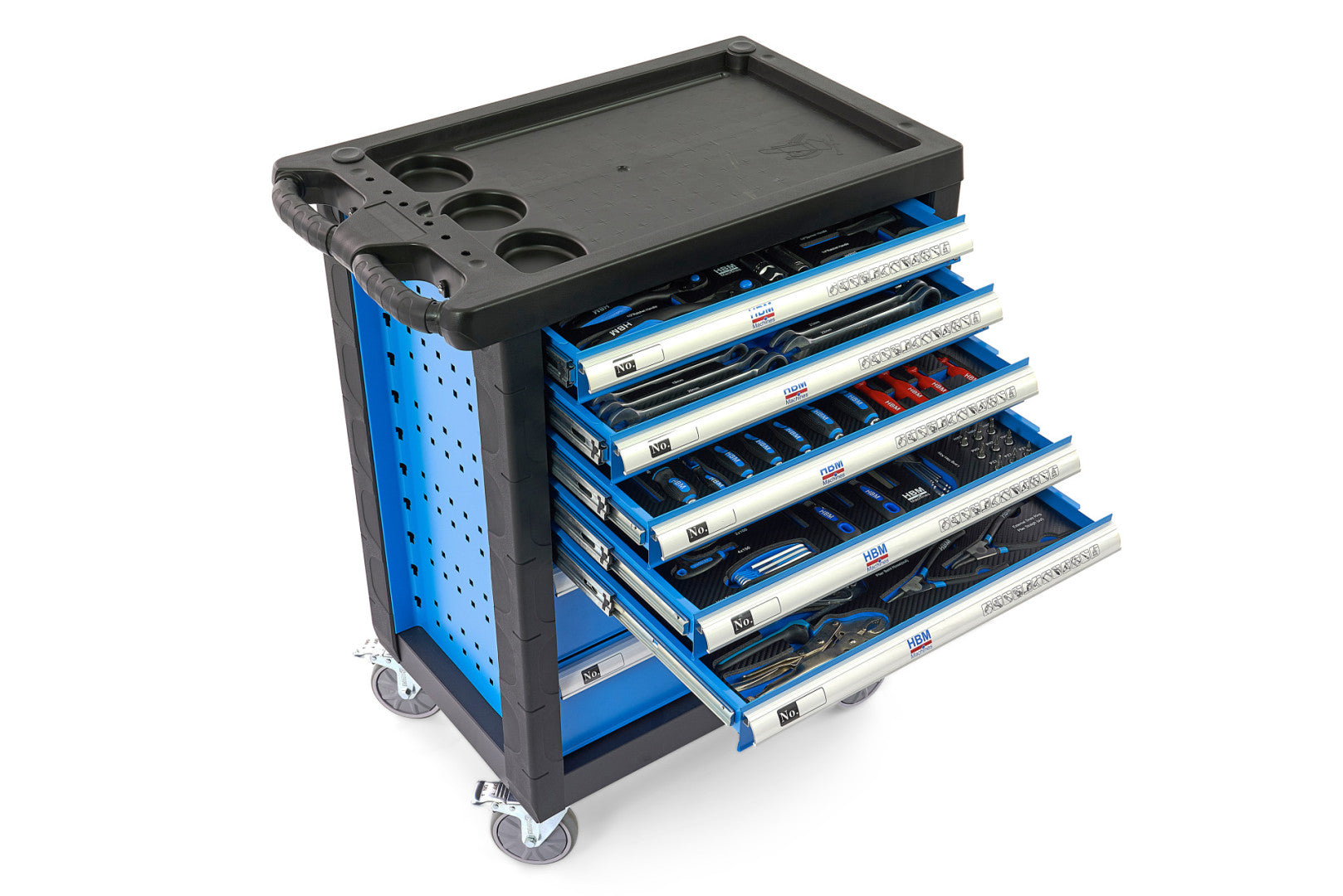 Carrello completo di attrezzi set 196 pezzi con 7 cassetti 5 scomparti e ruote da officina Carbon premium Olanda