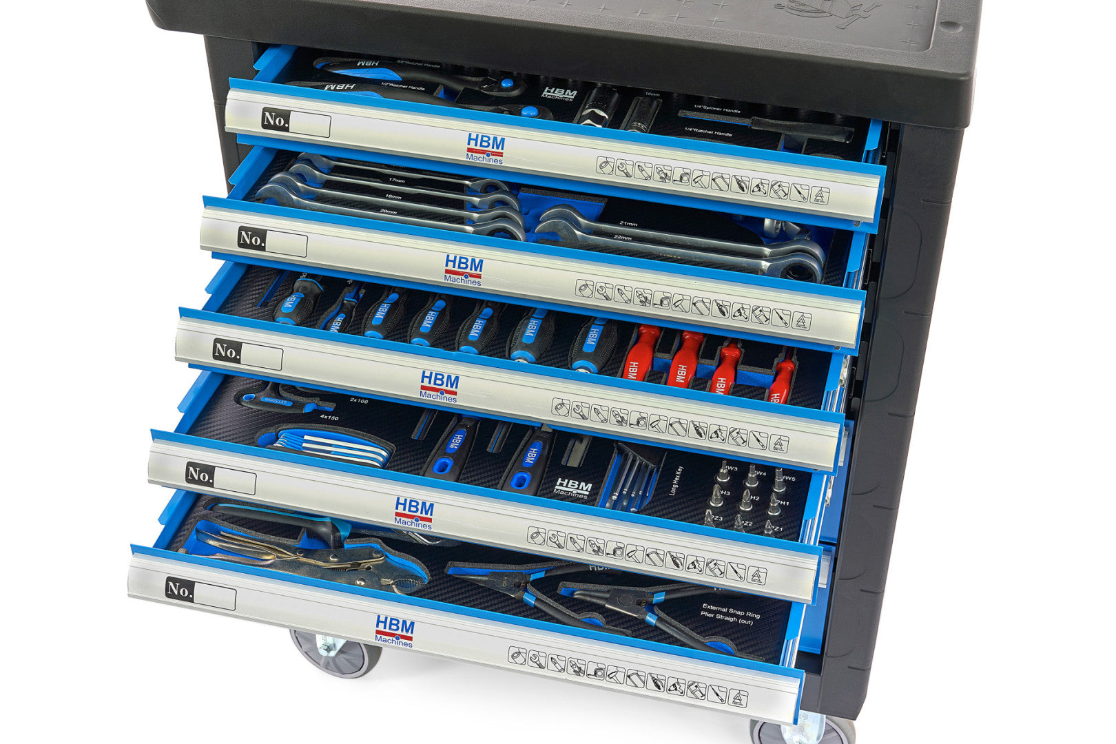 Carrello completo di attrezzi set 196 pezzi con 7 cassetti 5 scomparti e ruote da officina Carbon premium Olanda
