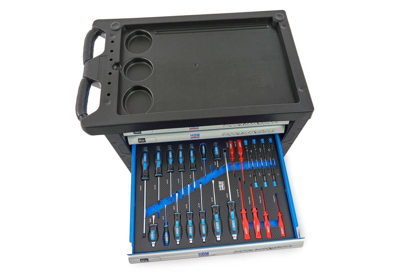 Carrello completo di attrezzi set 196 pezzi con 7 cassetti 5 scomparti e ruote da officina Carbon premium Olanda