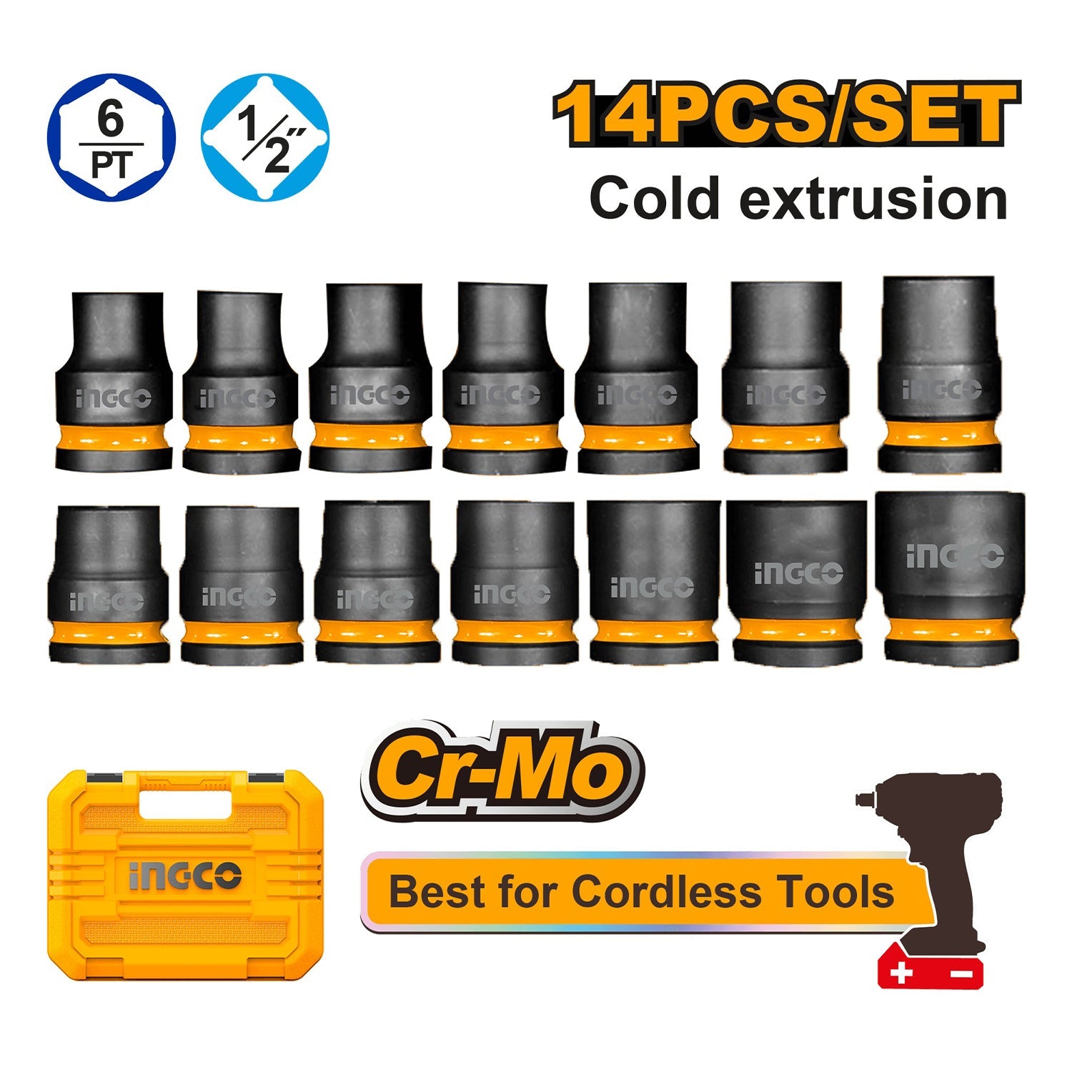 Set di chiavi a bussola a impatto, chiavi a bussola per impatto 1/2" – set 14 pezzi – 10-27 mm, professionale, Ingco