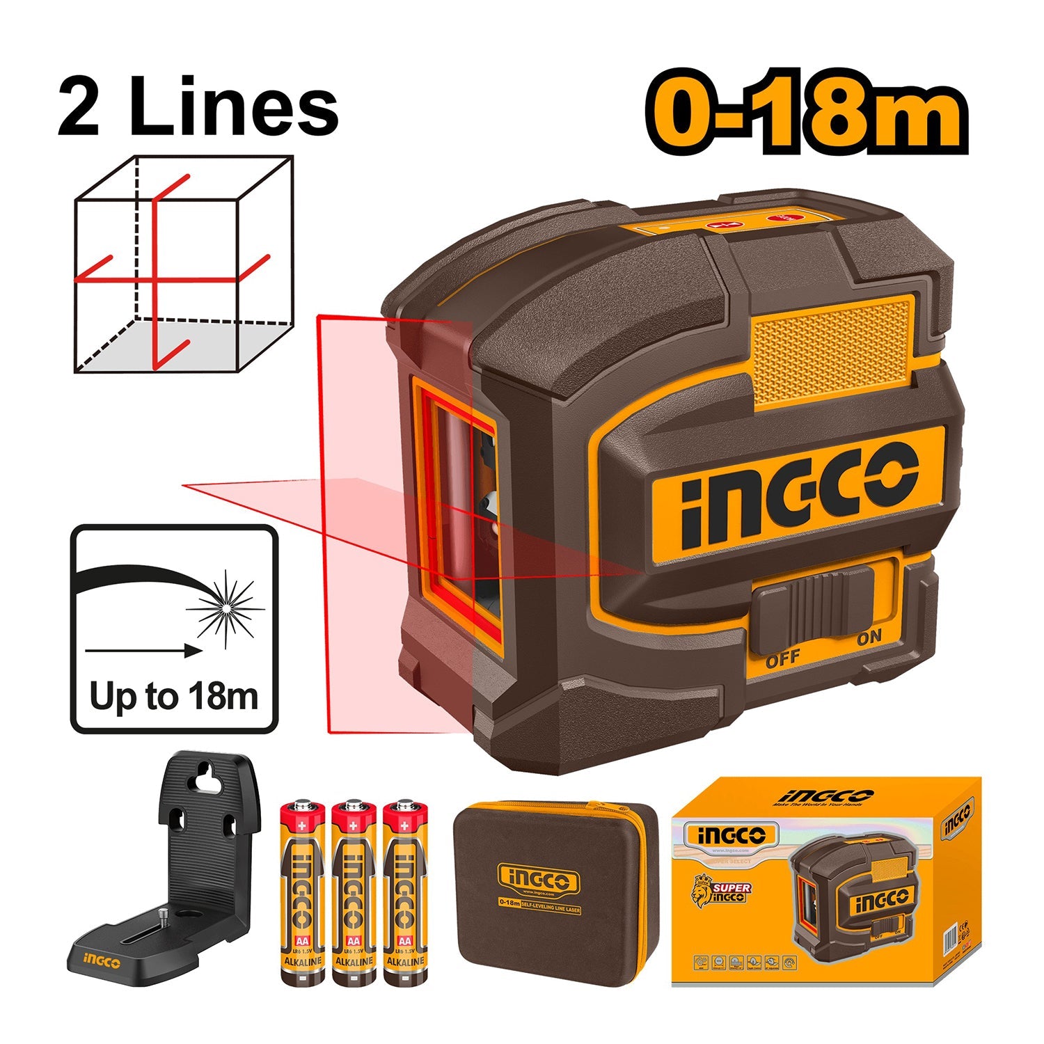 Livella laser autolivellante a raggio rosso, laser orizzontale e verticale per cantieri, interni, DIY, 0–18 m Ingco