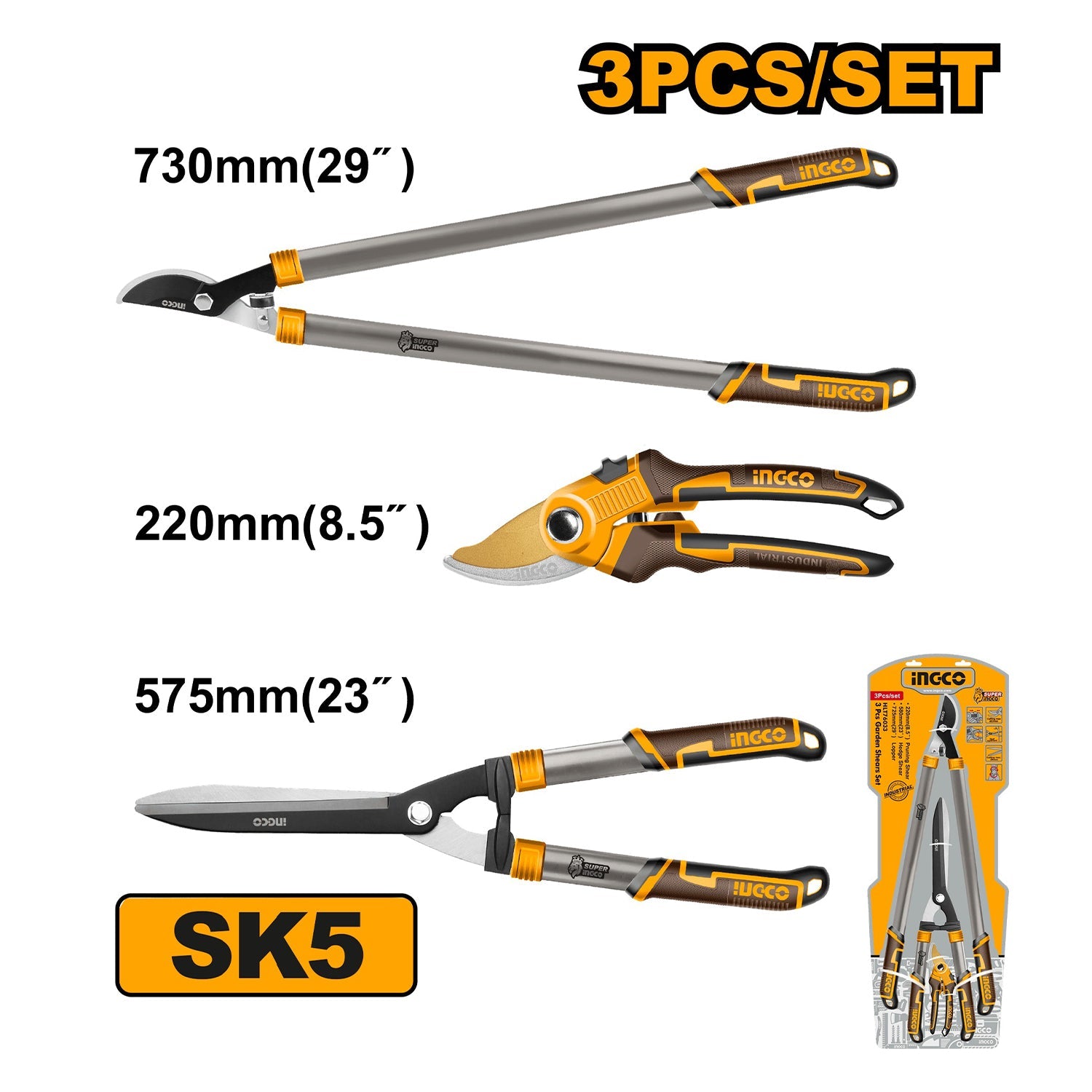 Set di 3 cesoie potatura – troncarami telescopico, cesoie per siepi, forbici da potatura – manici telescopici estensibili, impugnatura ergonomica, leggeri - attrezzi giardinaggio, forbici da giardino, attrezzi da giardino per rami/alberi, Ingco