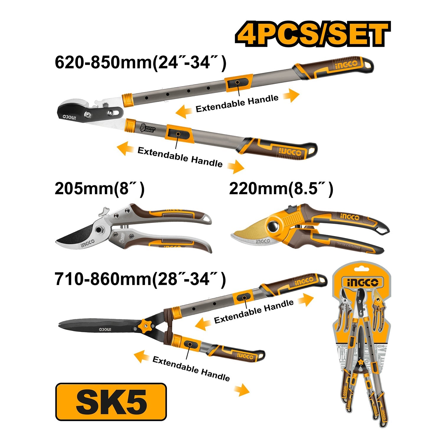 Set cesoie potatura 4 pz – troncarami telescopico, cesoie per siepi, forbici da potatura – manici telescopici estensibili, impugnatura ergonomica, leggeri - attrezzi giardinaggio, forbici da giardino, attrezzi da giardino per rami/alberi, Ingco
