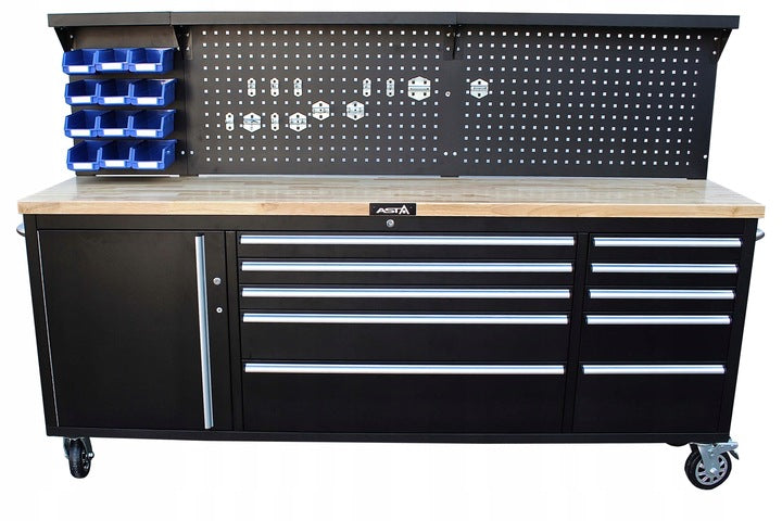 Banco da lavoro mobile con piano in legno 214 cm con 11 cassetti e 3 pannelli a parete porta utensili per officina falegname fai-da-te
