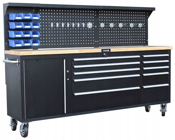Banco da lavoro mobile con piano in legno 214 cm con 11 cassetti e 3 pannelli a parete porta utensili per officina falegname fai-da-te
