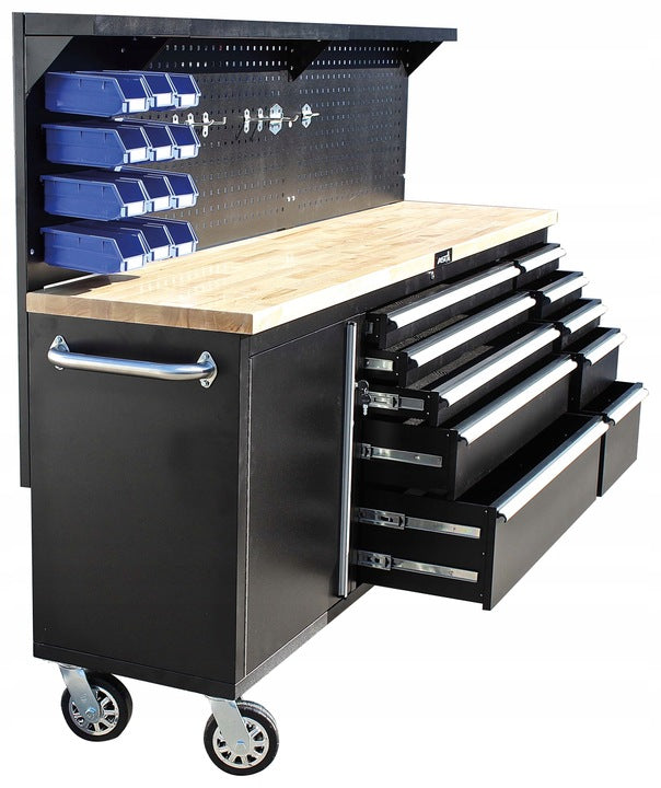 Banco da lavoro mobile con piano in legno 214 cm con 11 cassetti e 3 pannelli a parete porta utensili per officina falegname fai-da-te