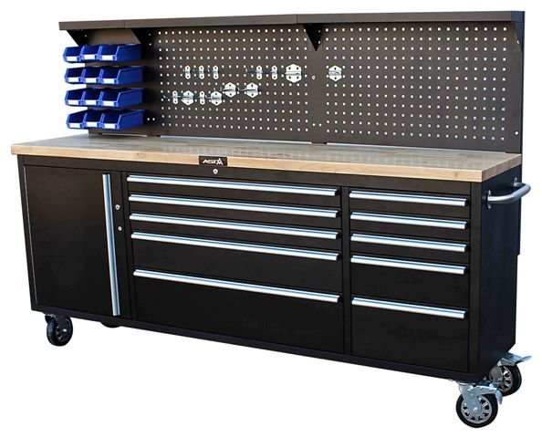 Banco da lavoro mobile con piano in legno 214 cm con 11 cassetti e 3 pannelli a parete porta utensili per officina falegname fai-da-te