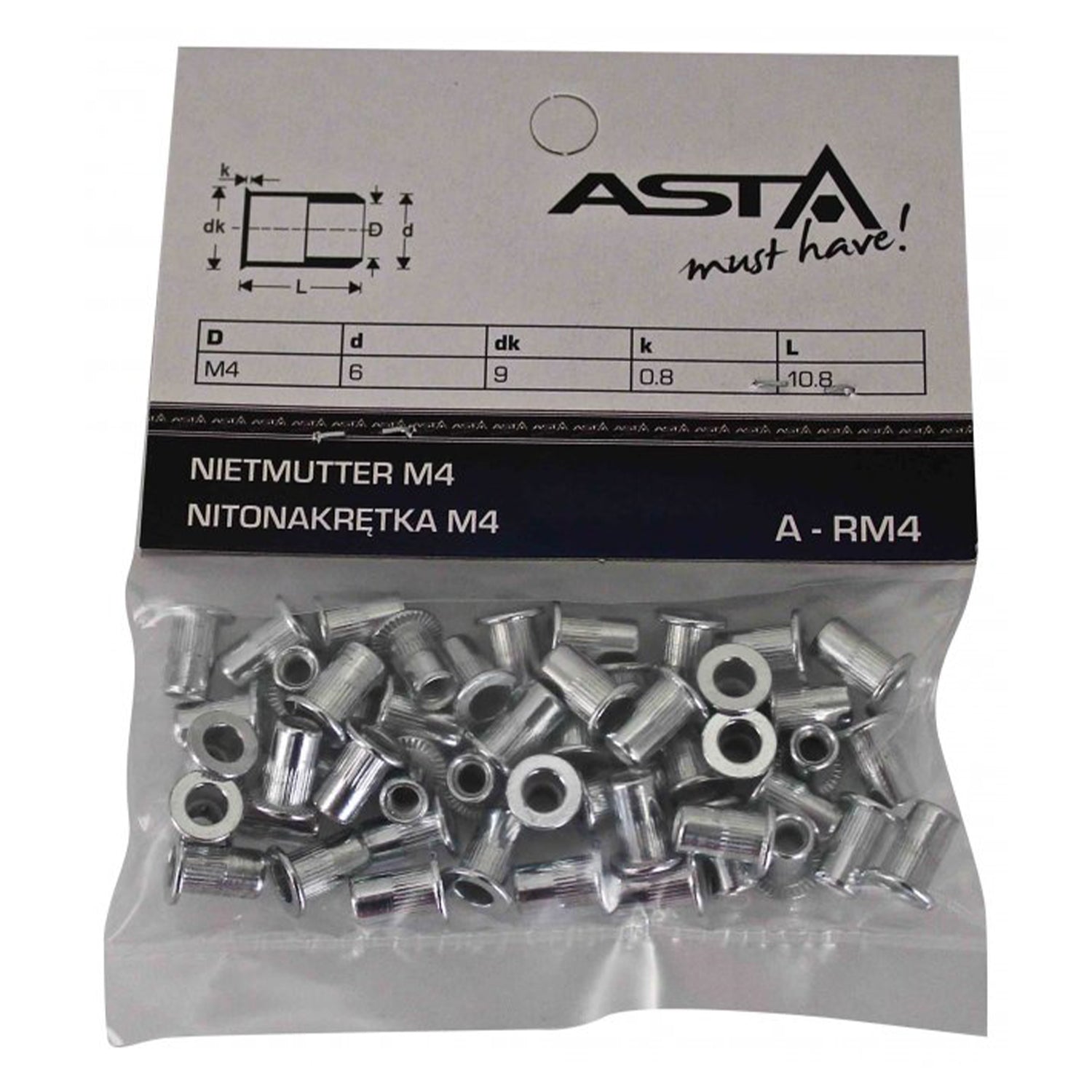Set di 50 rivetti filettati, rivetto dadi di assortimento, dado per inserti, dado rivetto - M4 in acciaio
