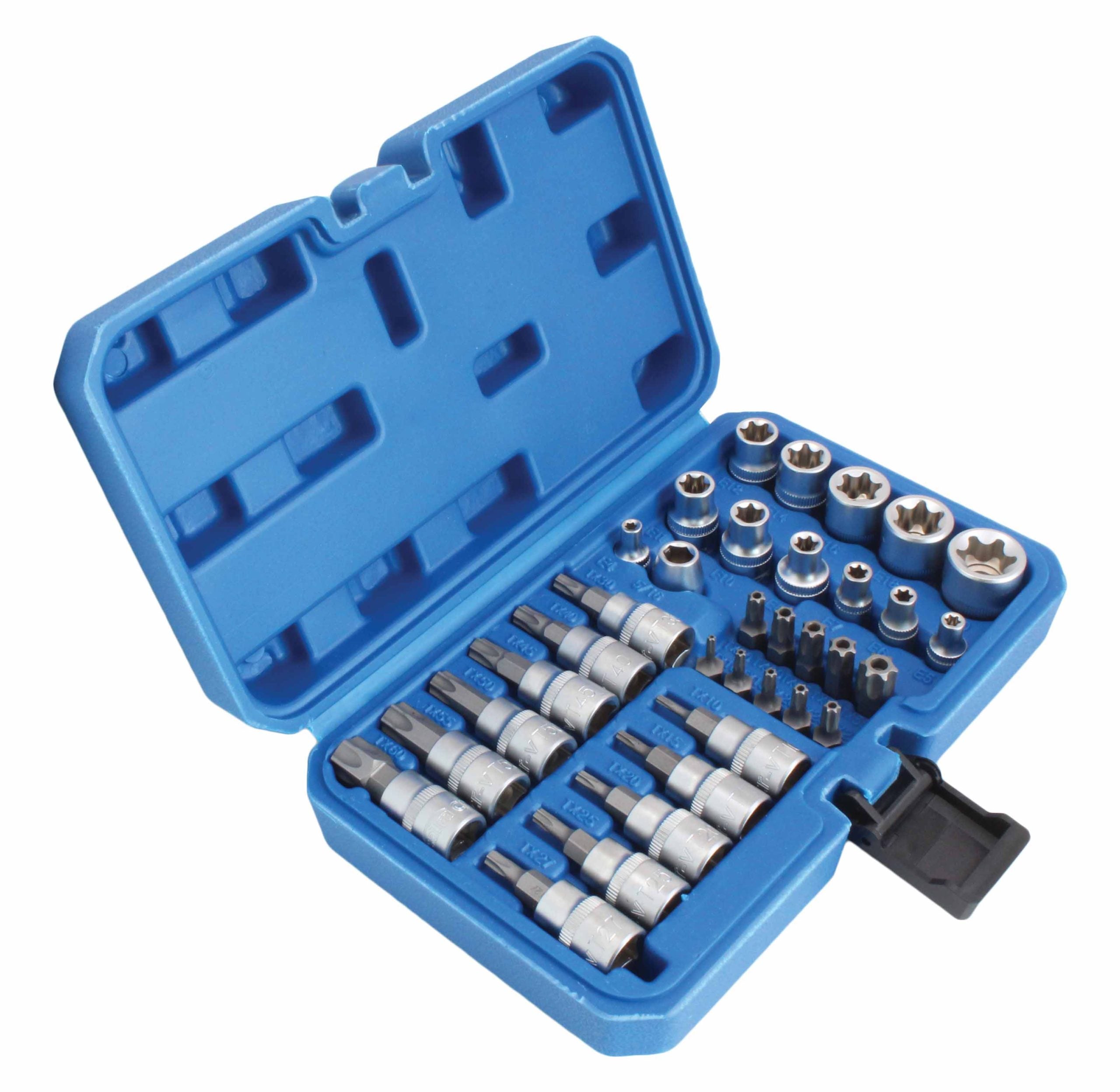 Serie di bussole con inserti, attacco quadro (3/8"), impronta Torx, 34 pz., T10–T60 E4–E20, Cr-V, kit inserti e boccole