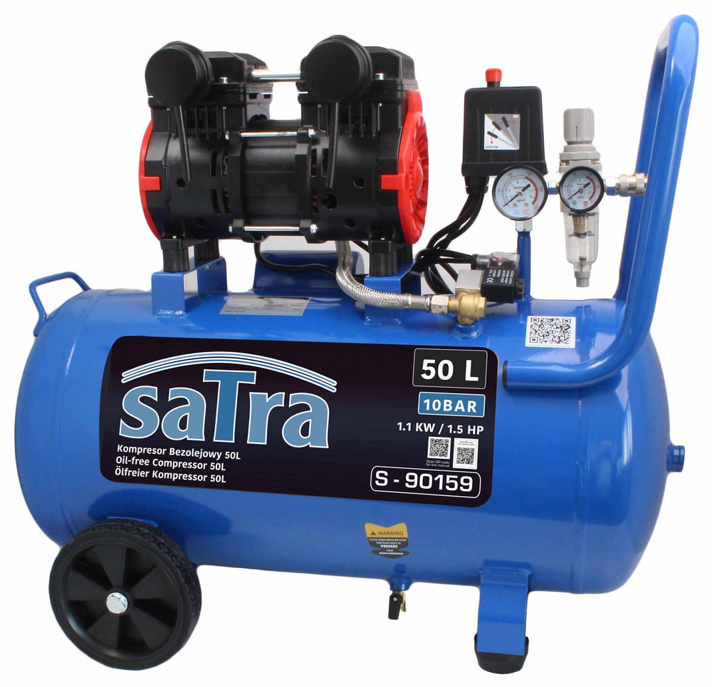 Compressore aria silenziato con capacità del serbatoio di 50 litri ,senza olio,per utensili pneumatici, 1100 W 10 bar 1,1 kW / 1,5 HP Satra