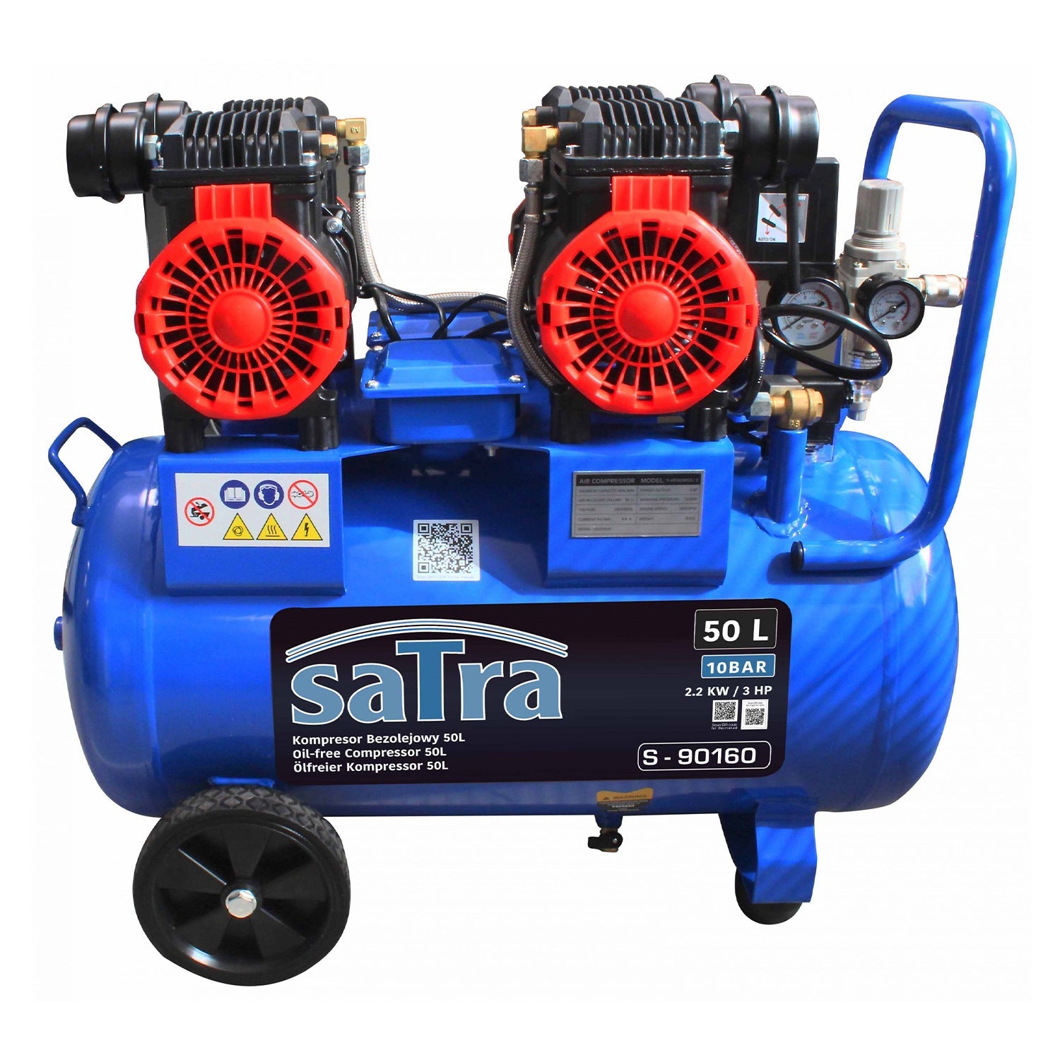 Compressore aria silenziato - con capacità del serbatoio di 50 litri - senza olio, oil free - per utensili pneumatici, 2200 W Satra