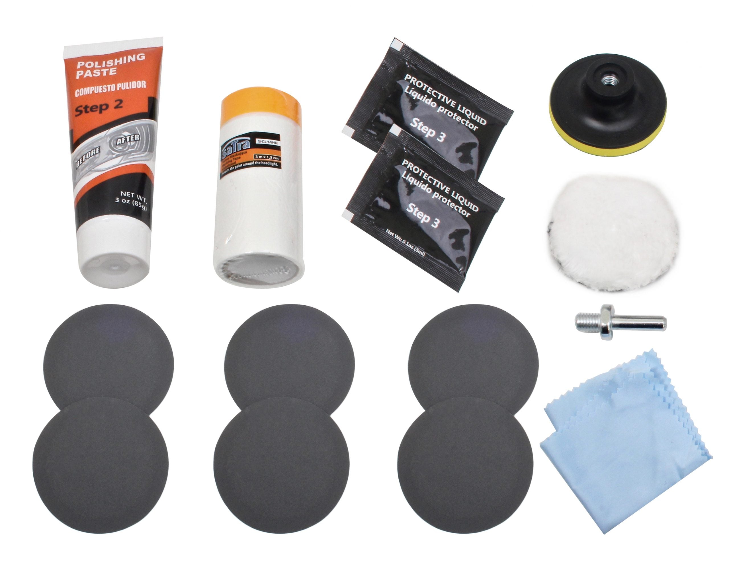 Kit di restauro fari ultra, con dischi abrasivi, pasta lucidante, vernice protettiva UV, 14 pezzi