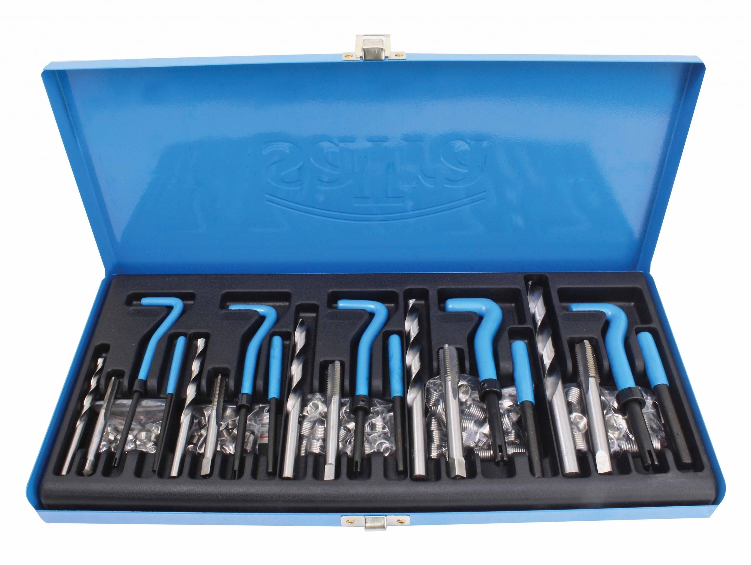 Set di riparazione filettatura 131 pezzi, kit di riparazione filettatura, set riparazione filo M5 - M12, con inserti in acciaio inox, punte e maschi HSS