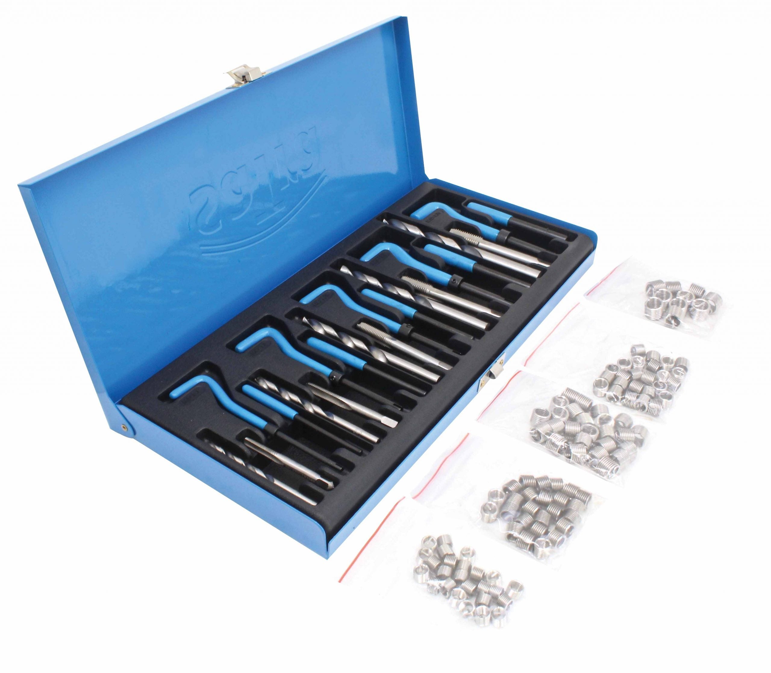 Set di riparazione filettatura 131 pezzi, kit di riparazione filettatura, set riparazione filo M5 - M12, con inserti in acciaio inox, punte e maschi HSS