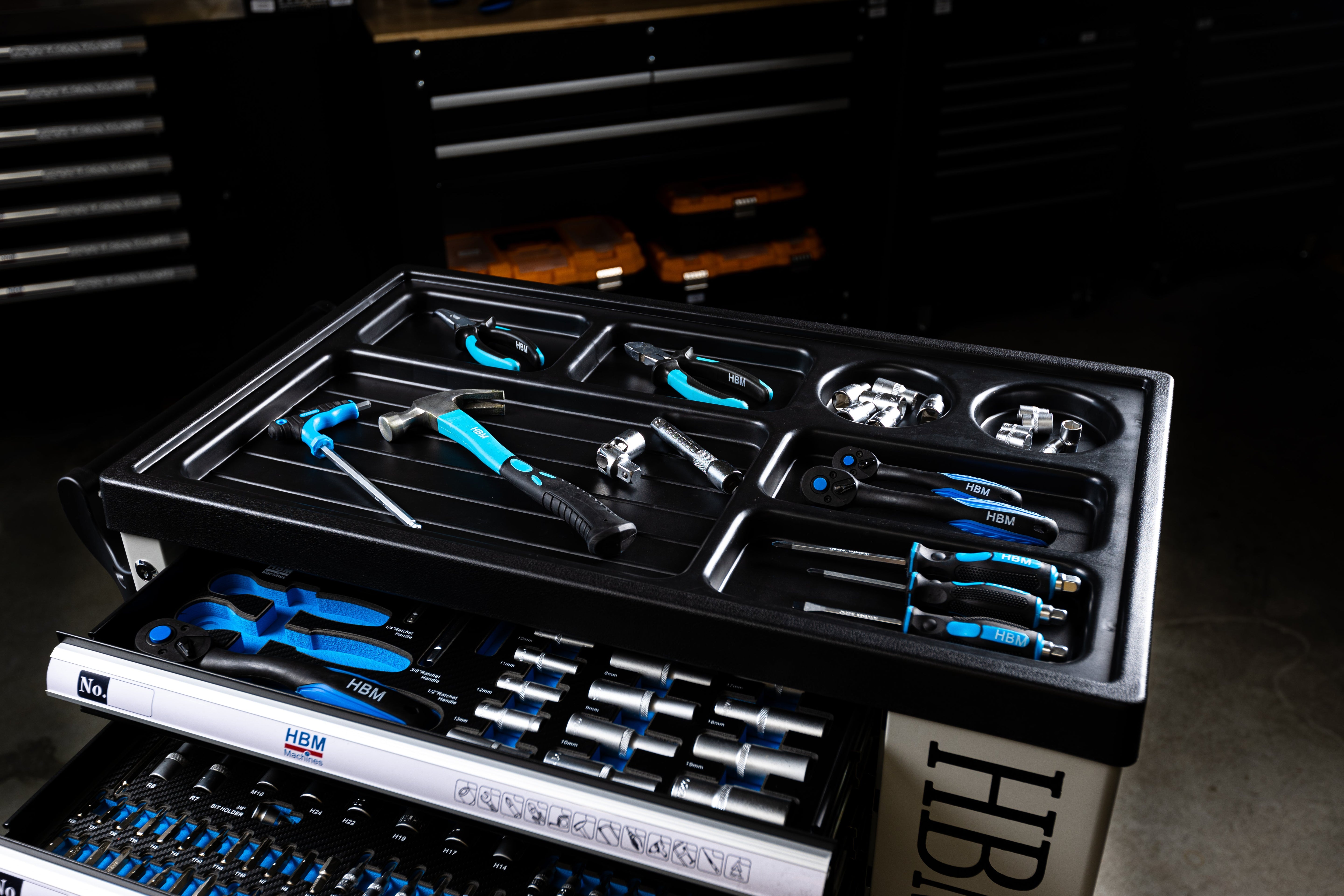 Carrello completo di attrezzi set 245 pezzi con 7 cassetti 6 scomparti e ruote da officina Carbon premium Olanda