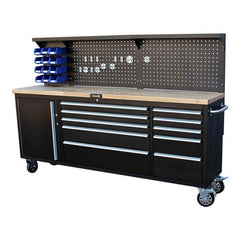 Banco da lavoro mobile con piano in legno 214 cm con 11 cassetti e 3 pannelli a parete porta utensili per officina falegname fai-da-te