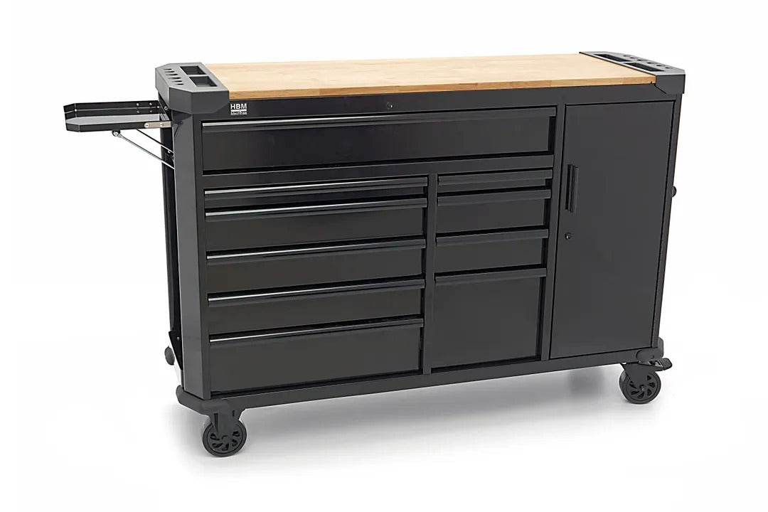 Carrello portautensili metallico professionale officina con 10 cassetti e ruote-mobile 147 cm con piano di lavoro in legno massiccio HBM Olanda