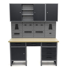 Arredamento modulare per officina, set di mobili da lavoro con 6 cassetti 160cm, attrezzatura per officina e banco da lavoro nero/grigio, 2 armadietti portautensili chiudibili a chiave, parete forata per strumenti con ganci, Hbm