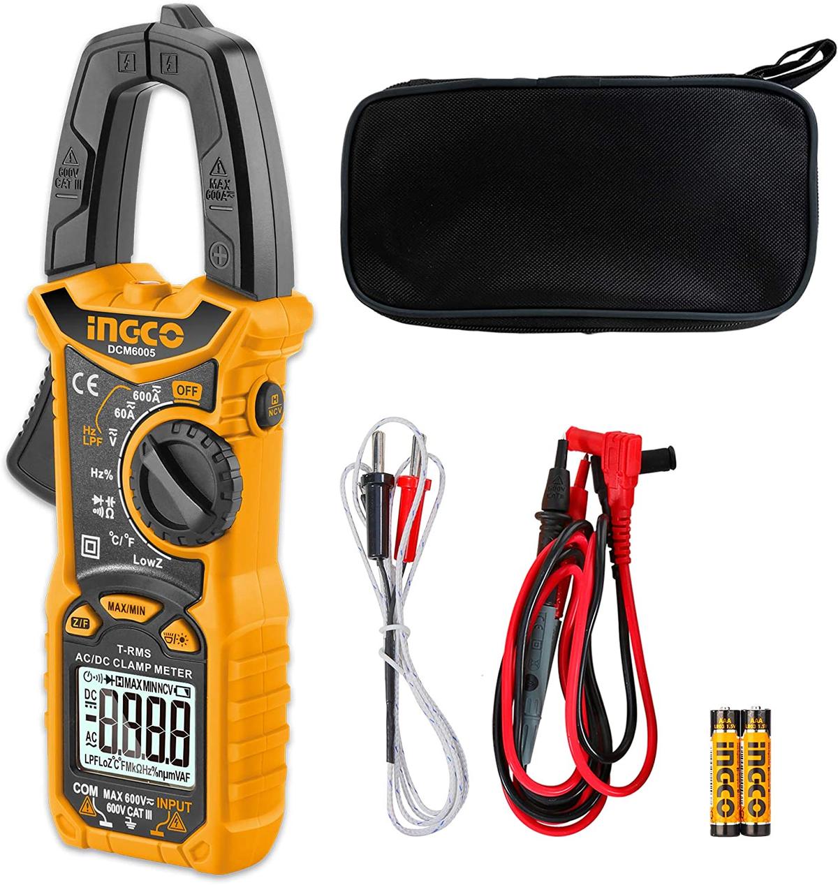Pinza amperometrica 600a multimetro digitale con retroilluminazione e luce test temperatura AC corrente AC/DC tensione ncv diodo resistenza continuità, dispositivo di misurazione multifunzione, pinza amperometrica digitale, 600 v, con test, Ingco