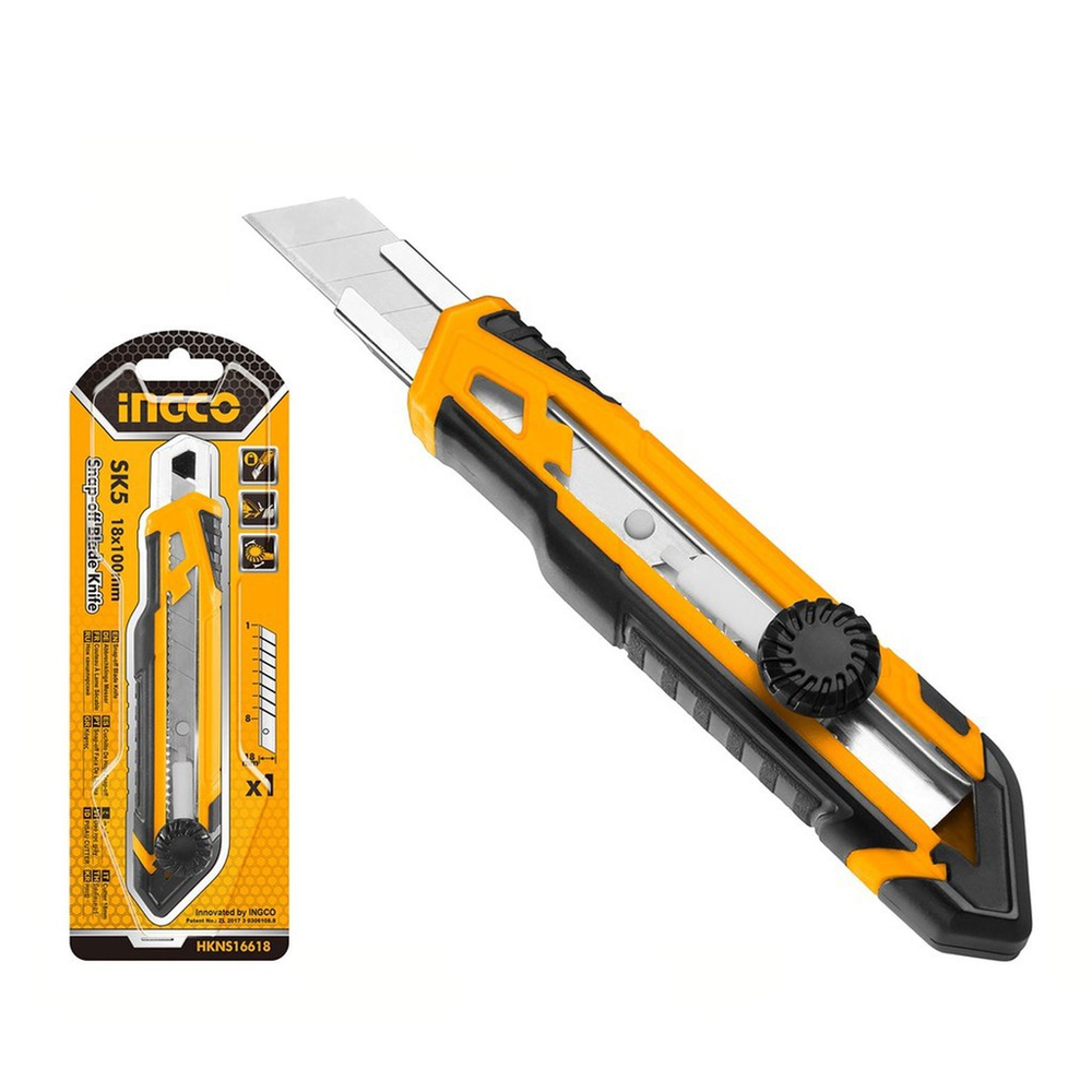 Taglierino-cutter retrattile con impugnatura in gomma e rotella di serraggio, Ingco