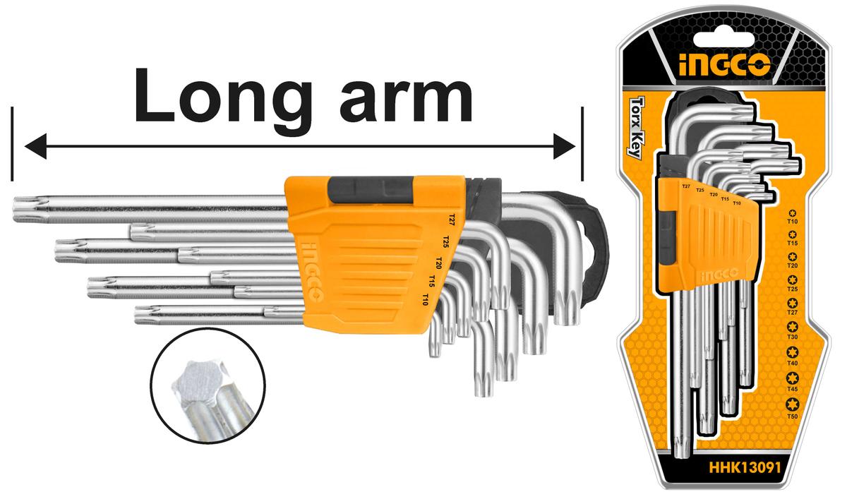 Chiavi torx lunghe ad L set 9 pezzi T10 - T50 acciaio chrom vanadium, set chiavi Torx in pratico supporto, Ingco