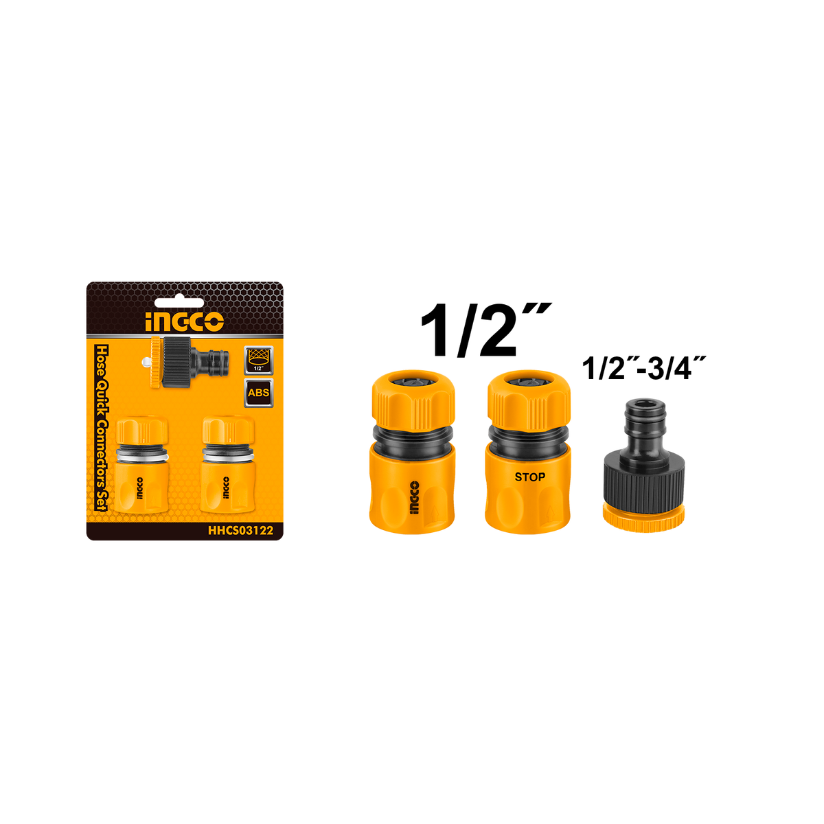 Raccordi rapidi set per tubo, incluso rapidi raccordo per 1/2" tubo, rubinetto adattatore, set 3 raccordi rapidi aria compressa, Ingco