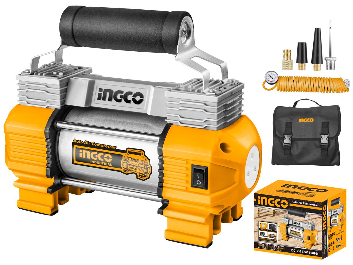 Compressore d'aria da 12 V, gonfiatore per pneumatici a doppio cilindro,kit di gonfiaggio per pneumatici, pompa d'aria fuoristrada per suv, camion, auto, biciclette, palloni, materassi ad aria, barche gonfiabili, con 3 adattatori e borsa in tela, Ingco