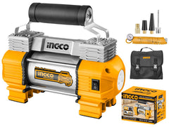 Compressore d'aria da 12 V, gonfiatore per pneumatici a doppio cilindro,kit di gonfiaggio per pneumatici, pompa d'aria fuoristrada per suv, camion, auto, biciclette, palloni, materassi ad aria, barche gonfiabili, con 3 adattatori e borsa in tela, Ingco