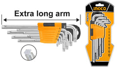 Chiavi torx lunghe ad L set 9 pezzi, acciaio chrom vanadium, set chiavi Torx extra lunghe in pratico supporto, T10 - T50, Ingco