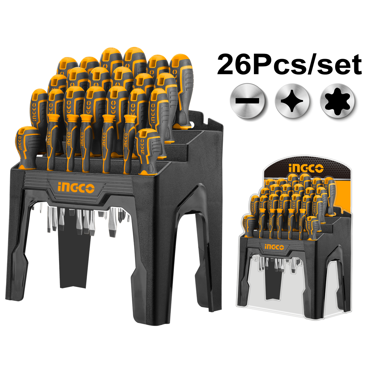 Set di 26 cacciaviti professionali - magnetico con comoda impugnatura, teste per cacciavite, teste piatte - giraviti di precisione, in acciaio Cr-V, Ingco
