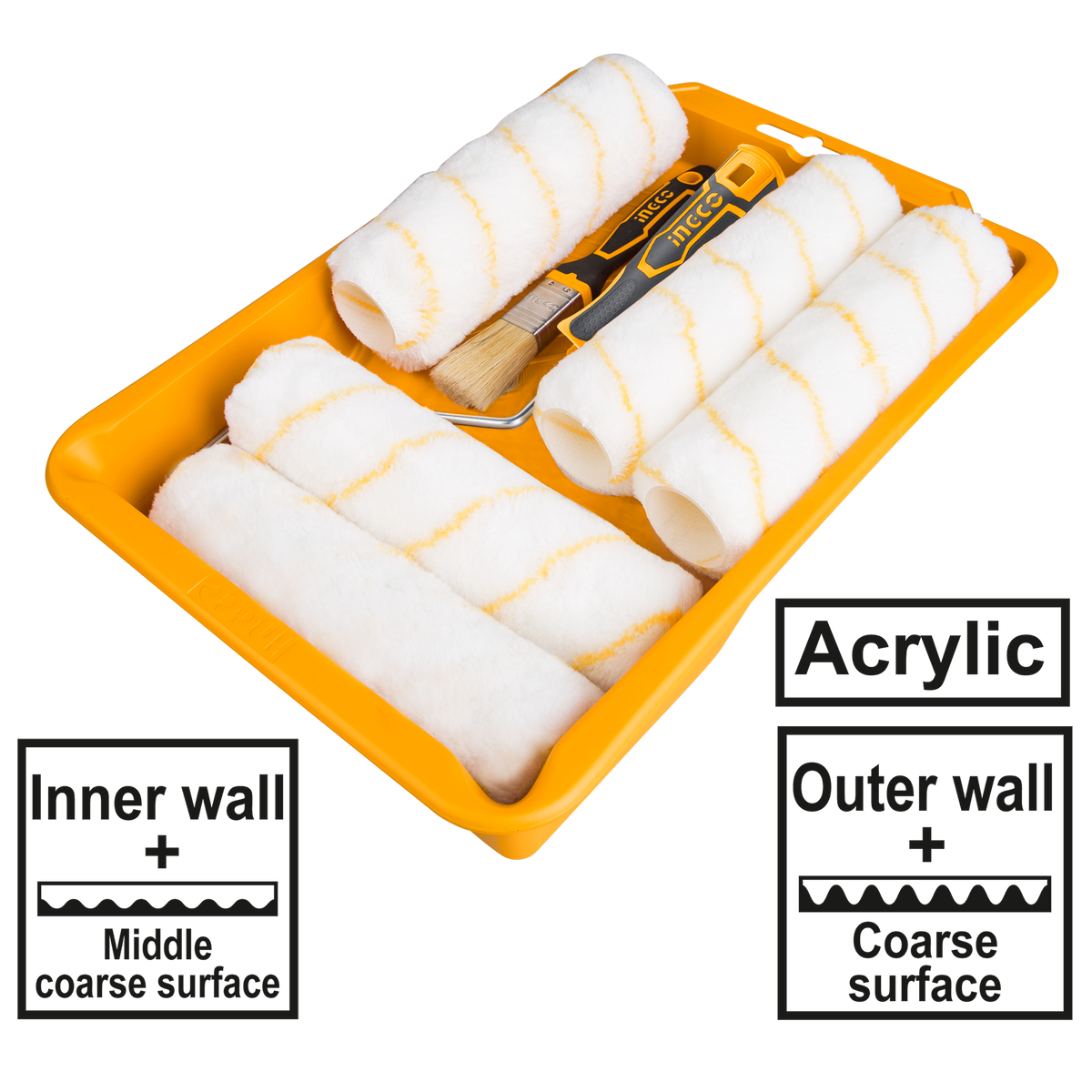 Rullo per pittura con serbatoio professionale, vassoio, mini rulli con manico, rullo pittura antigoccia, roller paint bianco per decorazione da parete e pittura e forniture per pittura, kit professionale con vaschetta e pennelli, 8 pezzi Ingco