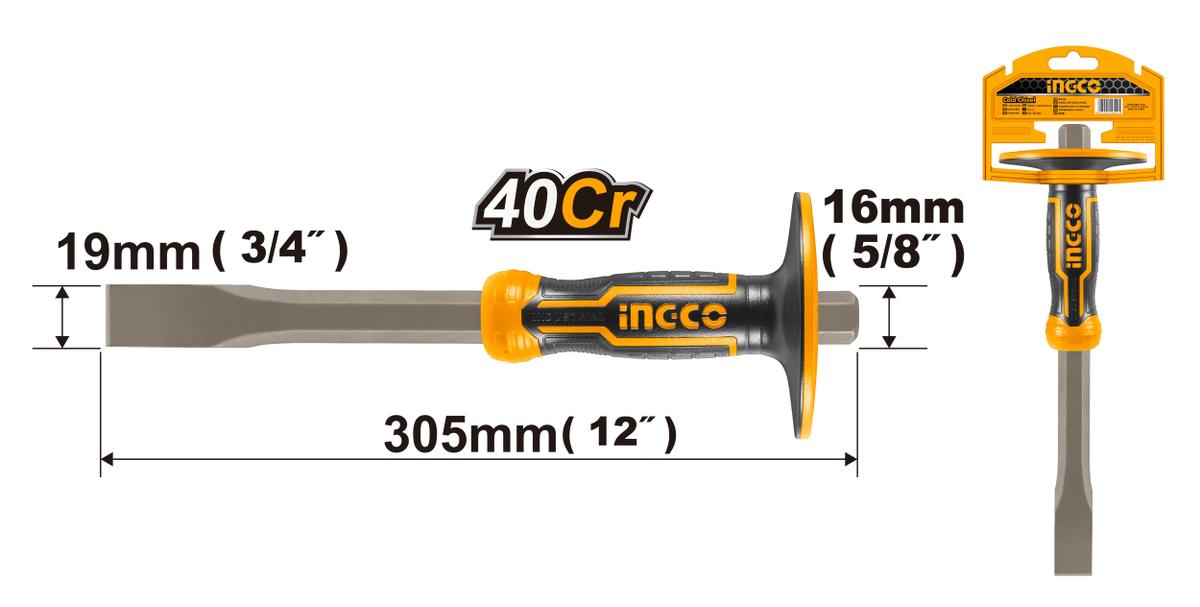Scalpello da muratore piatto con paracolpo 305mm, per materiali duri mattoni calcestruzzo pietre, impugnatura antiscivolo, Ingco